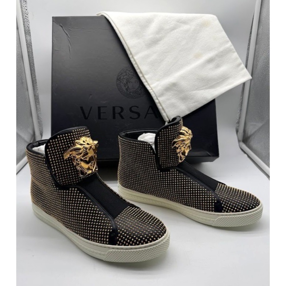 Versace Medusa Gold Studded High Top Sneakers Mens 39.5 US 6.5 Black DSU5181 NIB